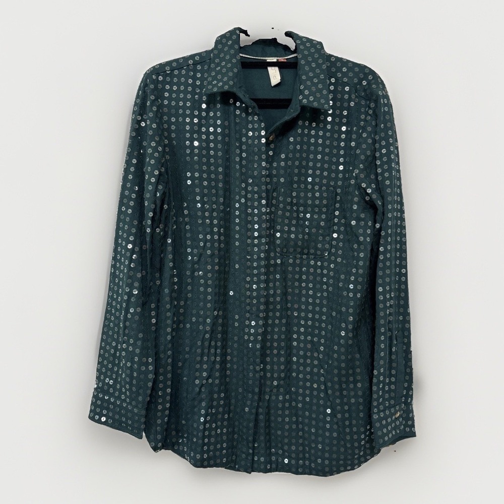 Pilcro Anthropologie Women's James Sequined Tunic Shirt Button Up Sz XS Green